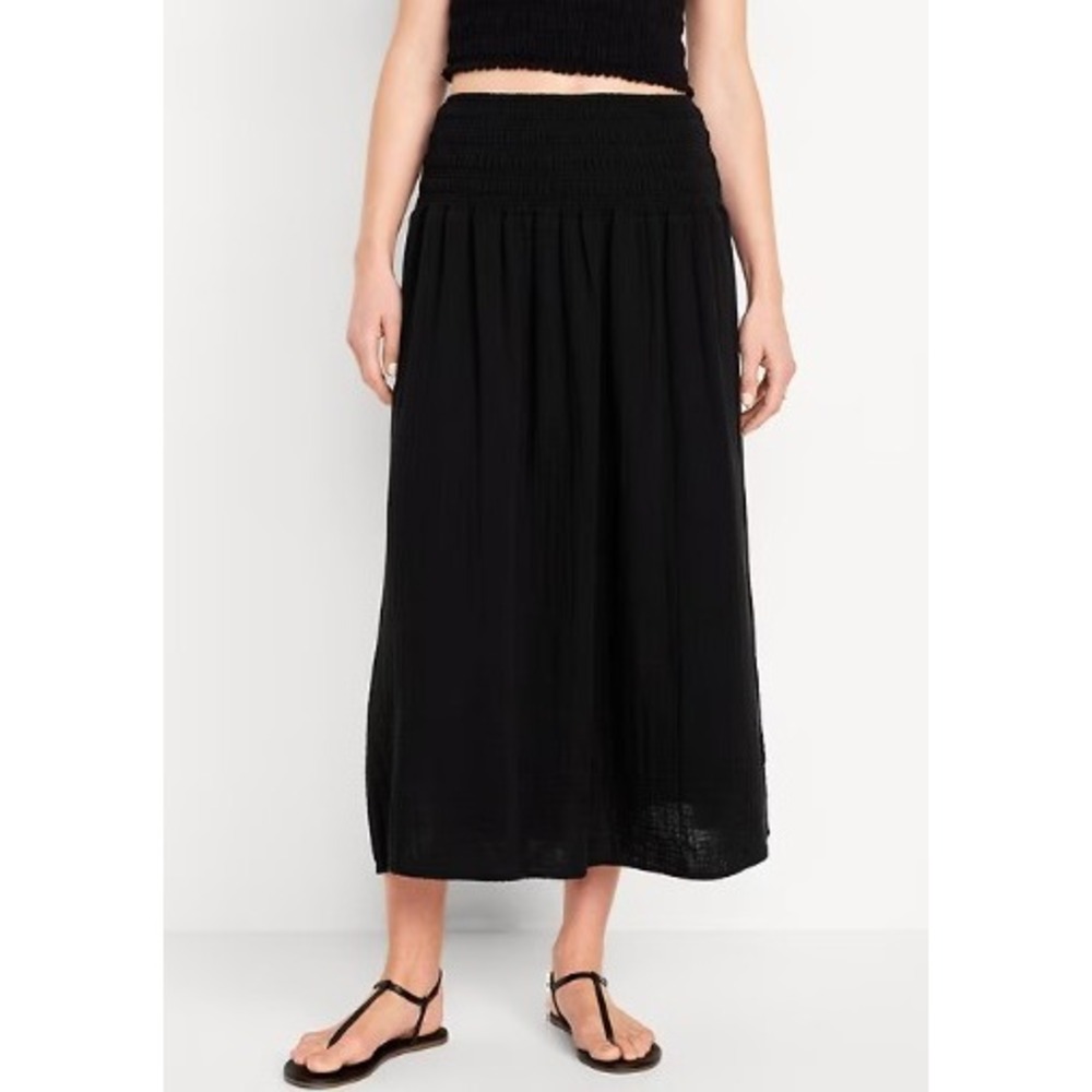 Old Navy Smocked Midi Skirt Black Cotton Gauze Size L